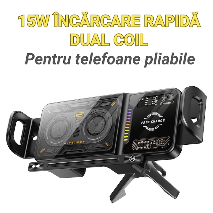 Incarcator Wireless Auto Fast Charge 15W, Suport Telefon cu Inchidere Automata, Bobina Dubla, Compatibil cu Samsung Galaxy Z Fold 5/4/3, iPhone, Montare pe Bord sau Grila Ventilatie
