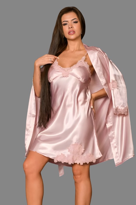 Комплект пижама Seduction, 5 части, сатен, Перлено розово