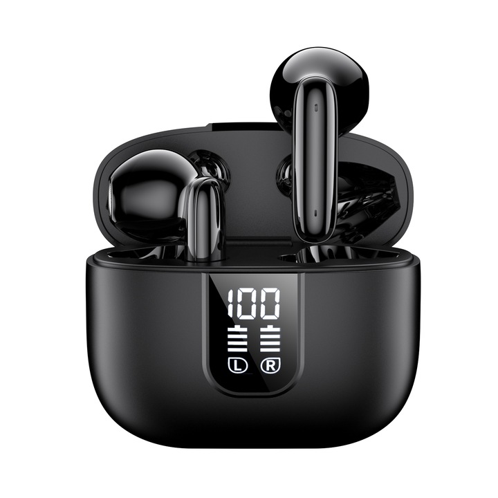 Casti Wireless Bluetooth J11 Pro, TITECK™, cu Tehnologie ENC 4-Mic pentru Reducerea Zgomotului la Apel, Afisaj Digital al Bateriei, Design Ergonomic si Rezistenta la Apa IPX5, Culoare Negru/Alb