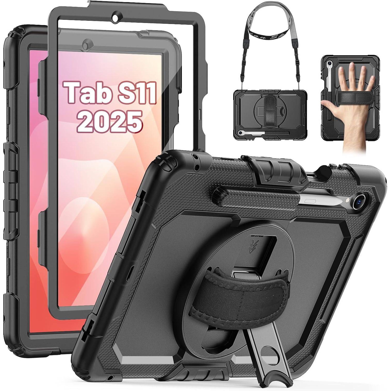 Pachet 360: Husa cu folie integrata pentru Samsung Galaxy Tab S11 11 inch Shockproof Armor de tip stand, Rotire 360°, Suport Reglabil si Curea de Mana & Umar - negru