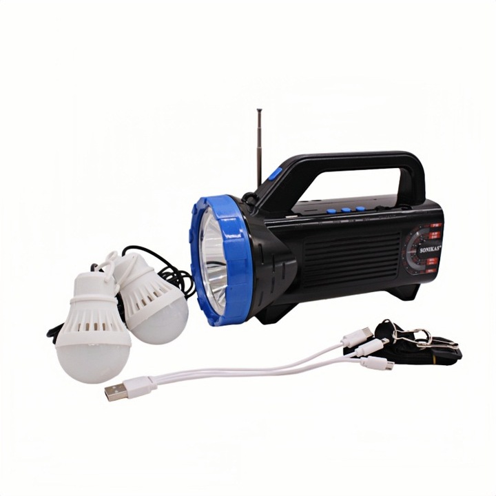 Lanterna solara cu power bank pentru telefon, panou solar 6V/1.2W, difuzor Bluetooth, radio FM, alarma SOS, accesorii incluse