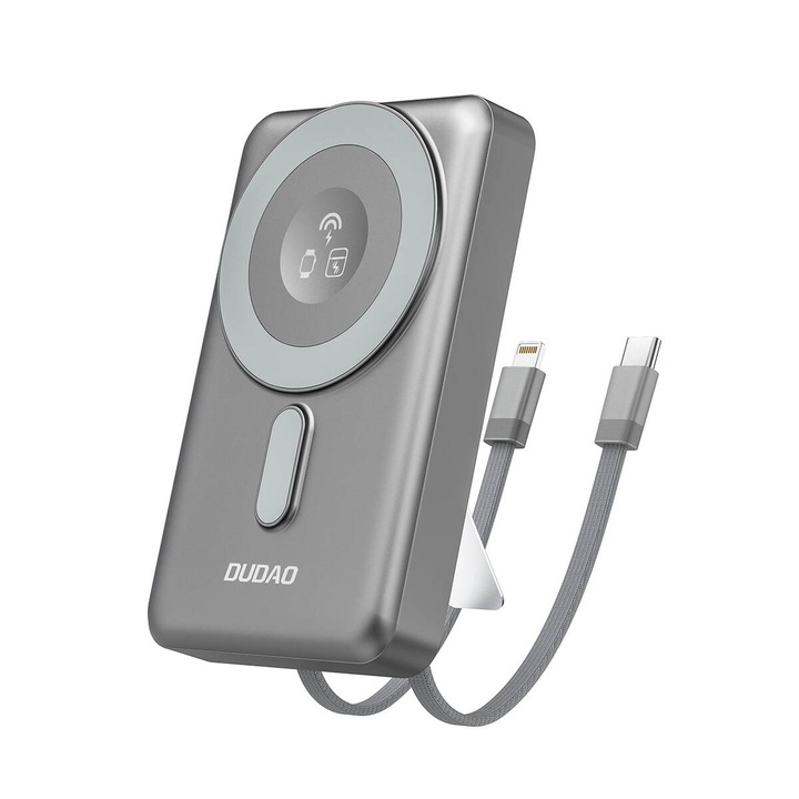 Baterie Externa Dudao K29 10000mAh Incarcare Wireless Magsafe Port USB-C Cabluri Integrate USB-C si Lightning Gri