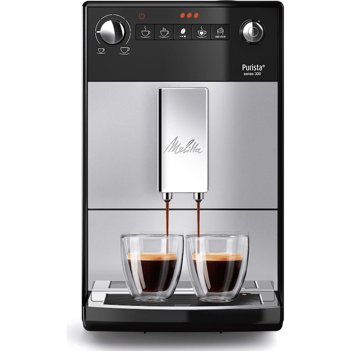 Espressor Automat Melitta Purista F23/0-101, 15 Bar, 1450 W, Cafea boabe, Espresso, Rezervor 1.2 L, Negru/Inox