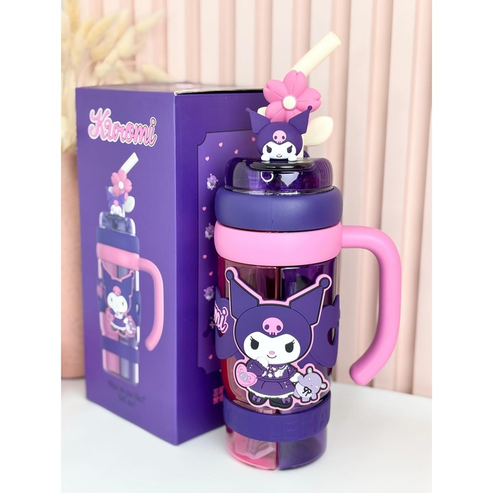 Sticla Duo Kuromi, 1300 ml, Sanrio Licentiat, 2 compartimente, Paie retractabile, Fara BPA, Anti-varsare
