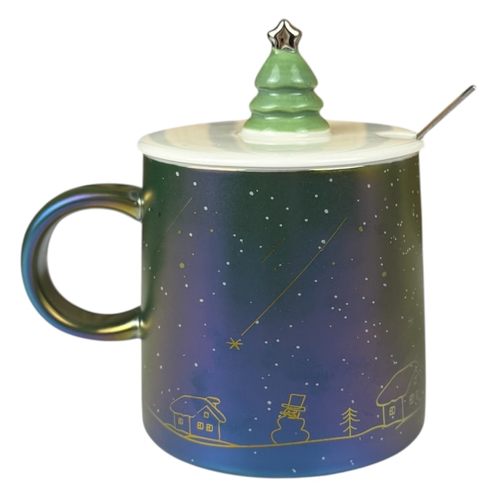 Чаша за Коледа "Звездно небе", керамична, синьо-зелена, с капак елха и лъжичка от неръждаема стомана, 350 мл