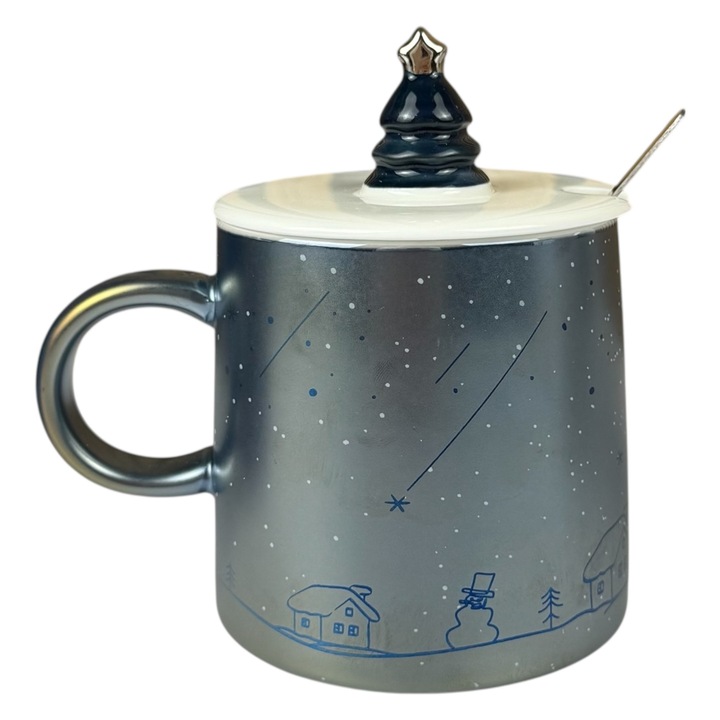 Сиво-синя коледна чаша, керамична, капак елха, 350 мл, лъжичка от неръждаема стомана