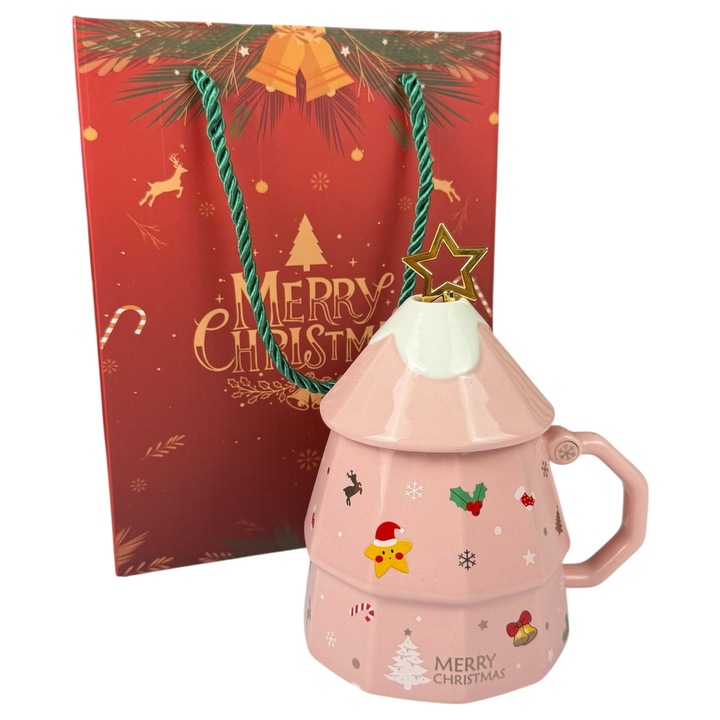 Розова коледна чаша, 380 мл, дизайн на елха, с капак, подаръчна кутия
