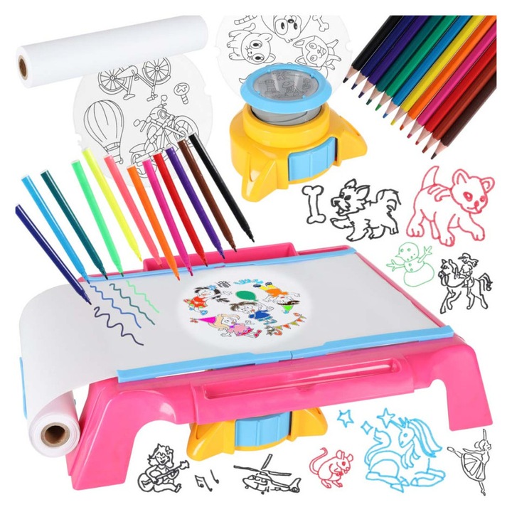 Proiector pentru desen, masa educative pentru copii cu markere si creioane (Roz)