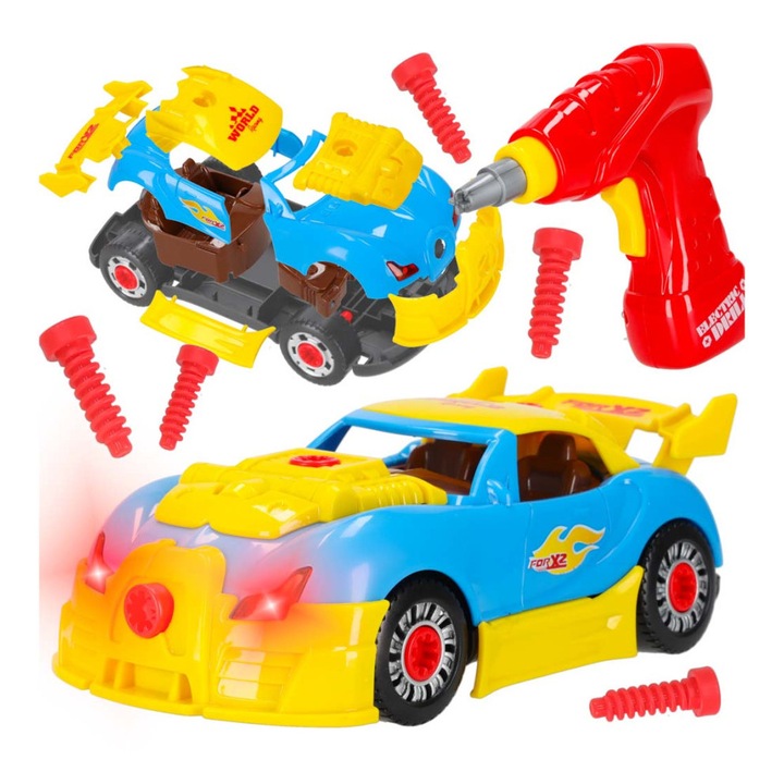 Masina de constructie 2-in-1 KIK, efecte lumina si sunet, albastru, 20x10.5x7.5cm