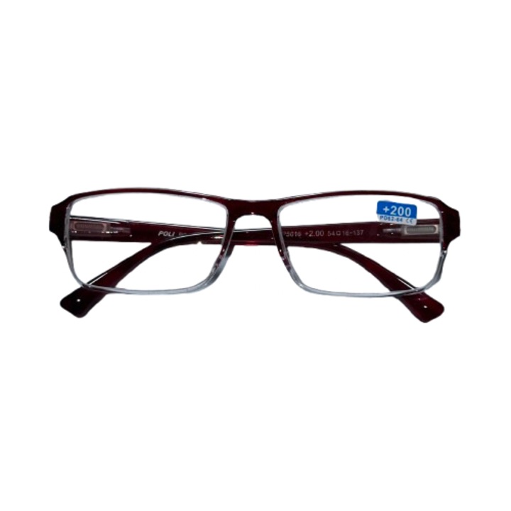 Ochelari de vedere RIF, rama plastic, dioptrie +200, culoare burgundy, pentru femei