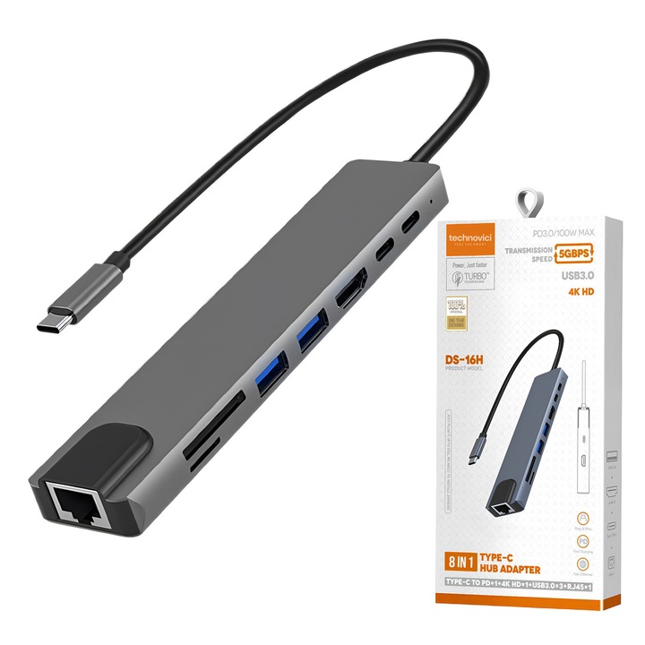 Hub USB Type-C 8 in 1 Multiport HDMI 4K 30Hz 2xUSB 3.0 5Gbps USB 2.0 480Mbps Ethernet RJ45 100Mbps Card Reader SD MicroSD Power Delivery 100W Aliaj Aluminiu MacBook Dell HP Lenovo Chromebook Argintiu