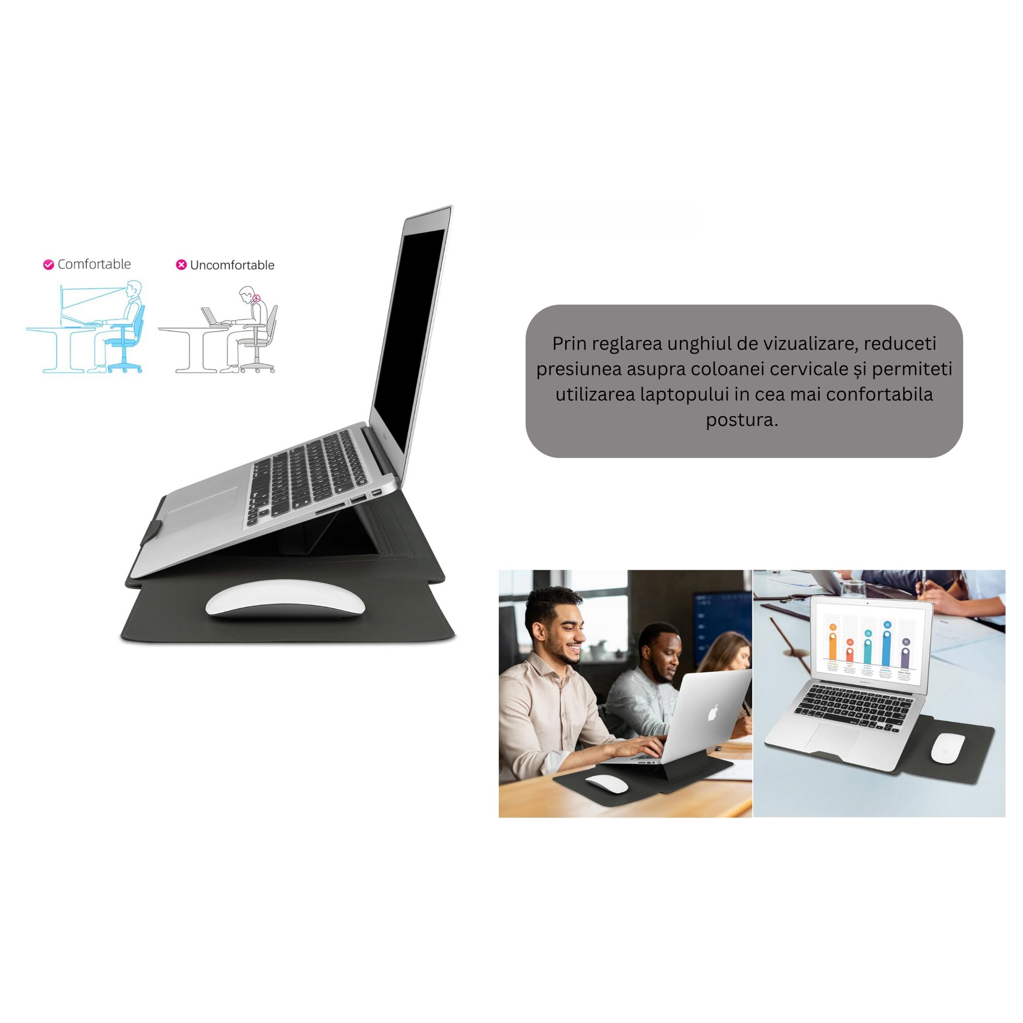 Husa laptop 13–14 inch cu suport pliabil si mousepad integrat, compatibila MacBook, protectie ultrafina, gri AleFla Eshop