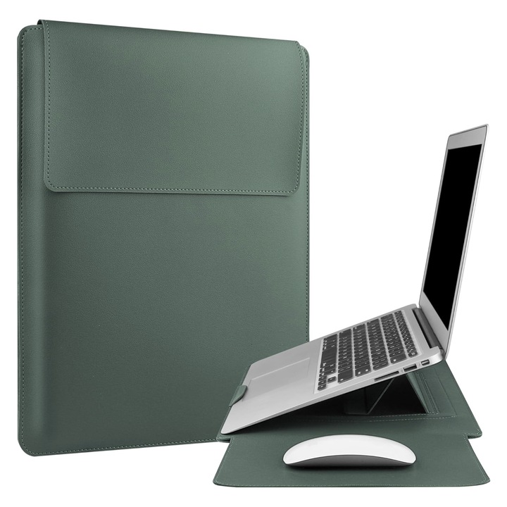 Husa laptop 13–14 inch cu suport pliabil si mousepad integrat, compatibila MacBook, protectie ultrafina, verde, AleFla Eshop