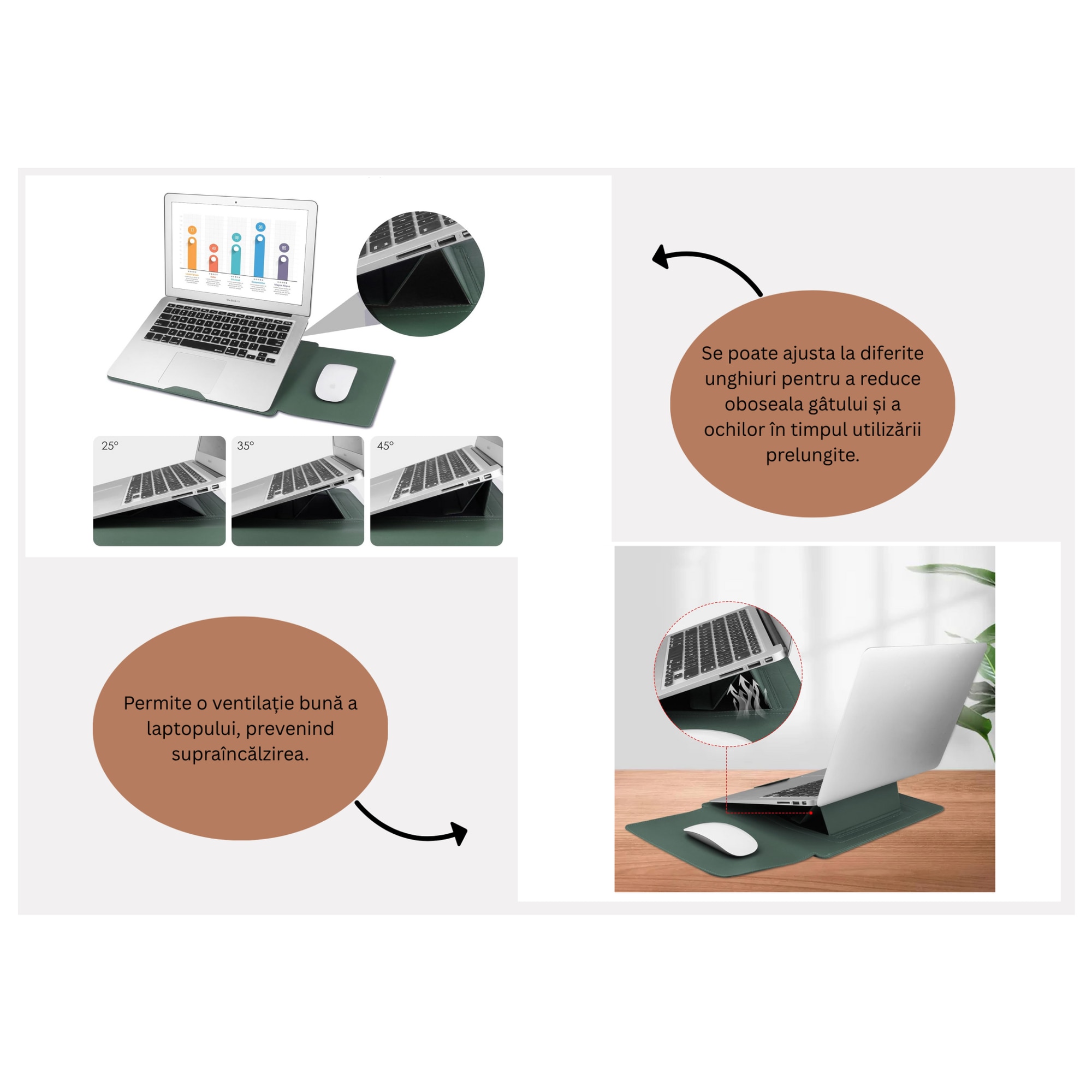 Husa laptop 15-16 inch cu suport pliabil si mousepad integrat, compatibila MacBook, protectie ultrafina, verde AleFla Eshop
