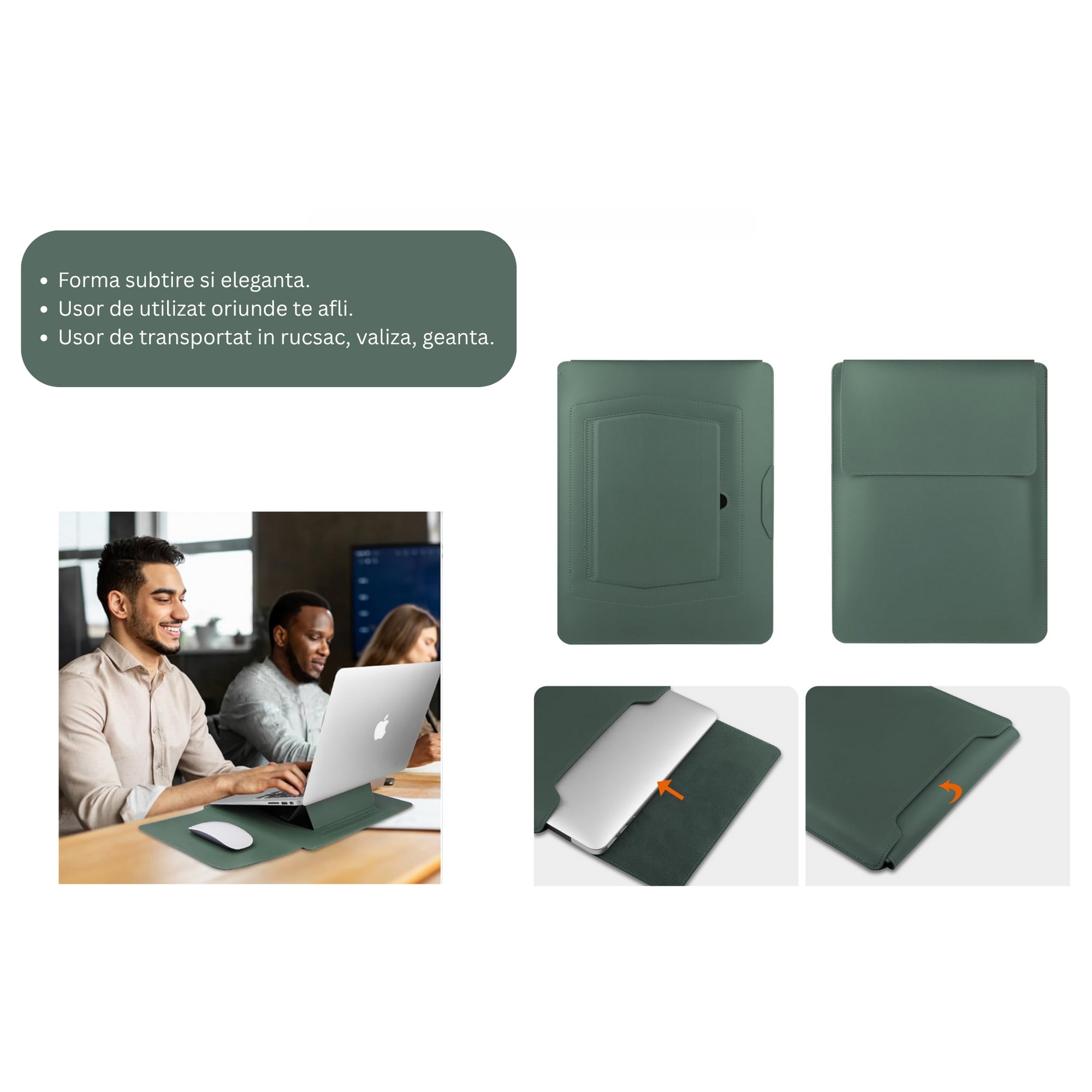 Husa laptop 15-16 inch cu suport pliabil si mousepad integrat, compatibila MacBook, protectie ultrafina, verde AleFla Eshop