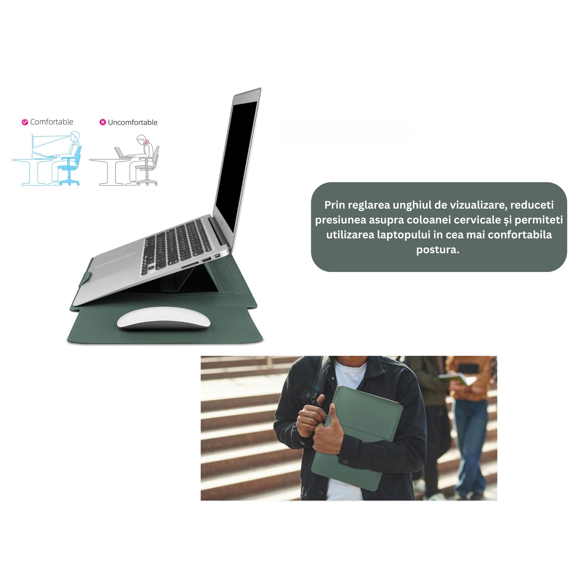 Husa laptop 15-16 inch cu suport pliabil si mousepad integrat, compatibila MacBook, protectie ultrafina, verde AleFla Eshop