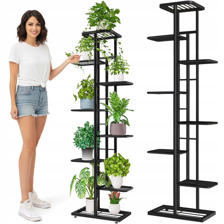 Suport metalic pentru plante, LAZYhome, 8 niveluri, design compact, 141x43x22cm