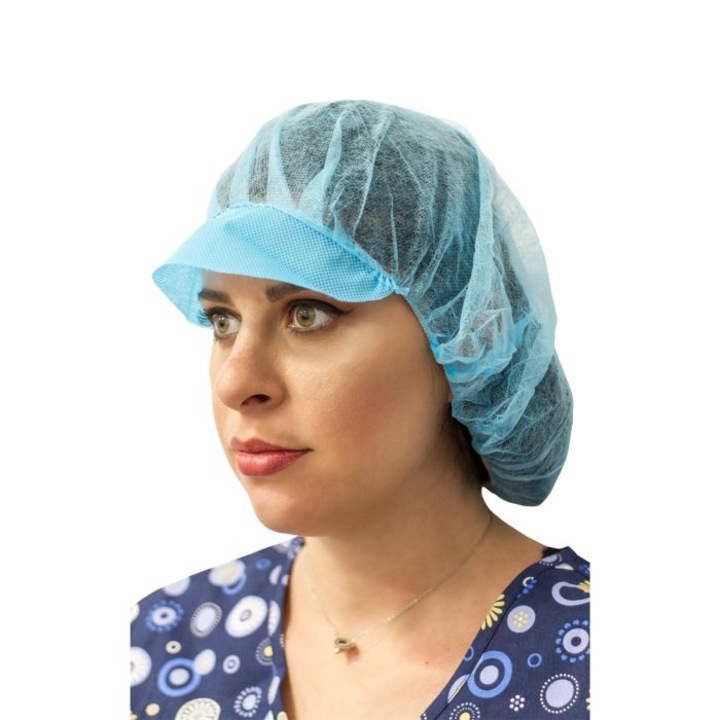 Kék eldobható sebészeti bouffant sapka, légáteresztő polipropilén, napellenzővel és rugalmas szalaggal, magas védelem, PRIMA, 100 db