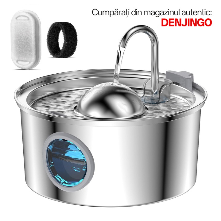 Fântână automată pentru pisici 3.2 L din inox, cu fereastră pentru nivelul apei, distribuție ultra-silențioasă și filtrare multiplă