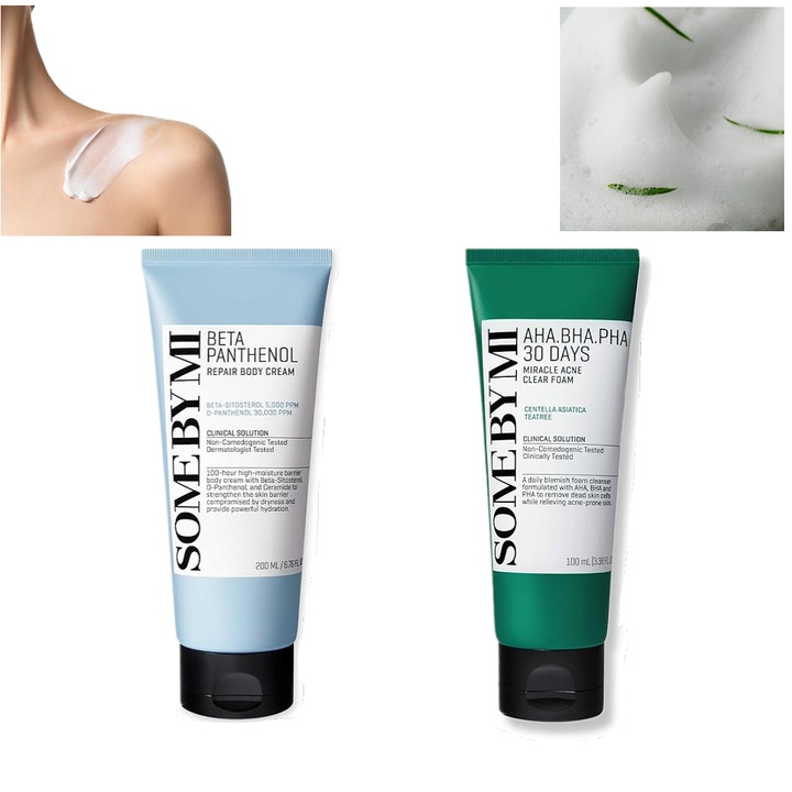 Some By Mi bőrápoló szett, AHA BHA PHA tisztítóhab 100ml + Béta-Pantenol javító krém 200ml, mélytisztítás, faggyúszabályozás