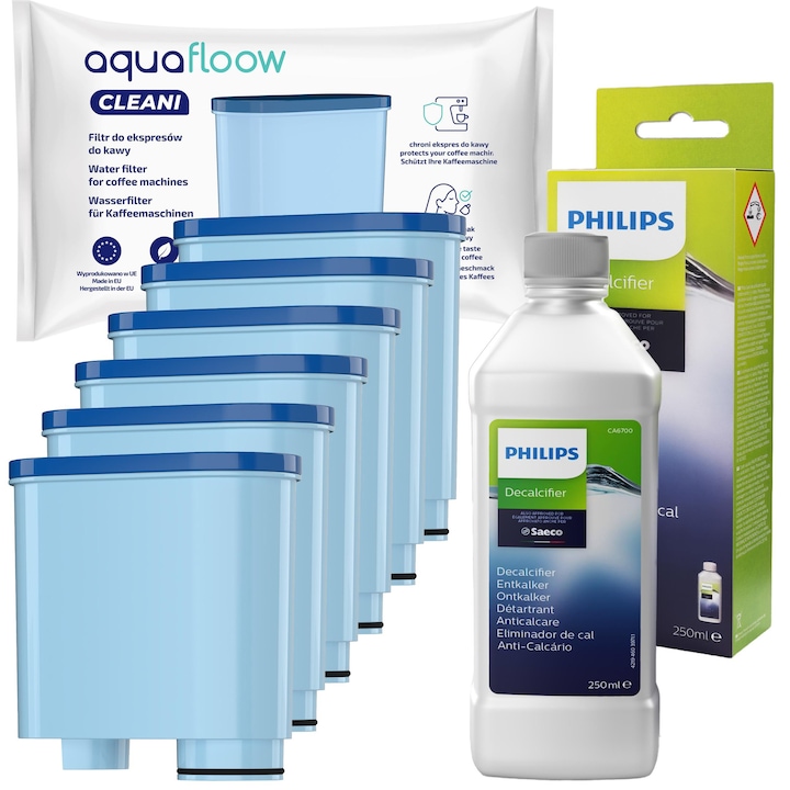 Set accesorii pentru espresoare Philips/Saeco, 6 filtre AquaFloow Cleani, detartrant Philips CA6700 250ml