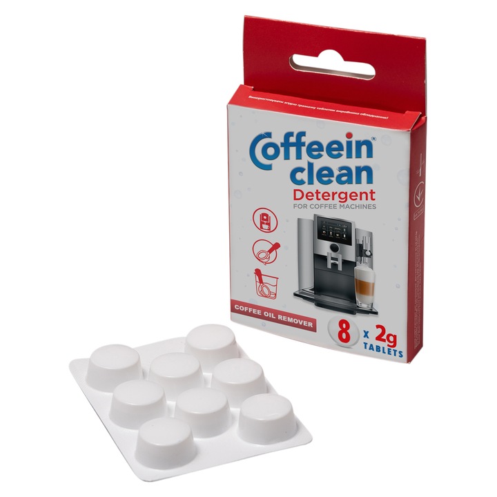 Pastile curatare uleiuri de cafea Coffeein aparate de cafea, 8 buc x 2 gr(mai multa substanta activa), ecologic, universal, Compatibile cu Philips, Saeco, DeLonghi, Jura, Siemens, Bosch, Melitta si altele