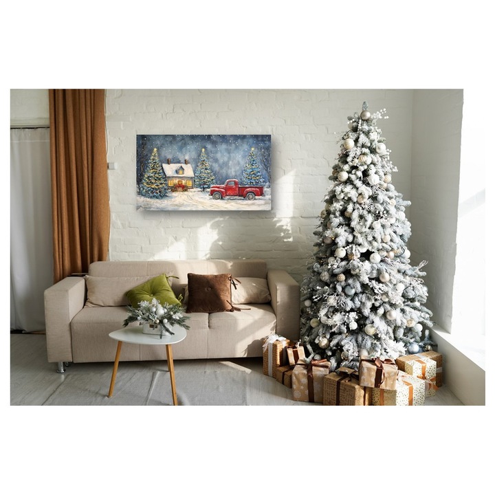 Tablou Canvas Magia Craciunului, Peisaj de Iarna cu Camioneta rosie, Canvas pe Sasiu de Lemn, Lac Selectiv pe Detalii, Tablou 35x50cm