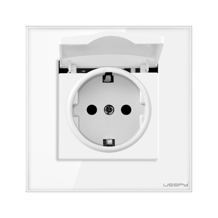 Priza cu capac, rama din sticla securizata, USSPY®, protectie copii, schuko 16A, alb