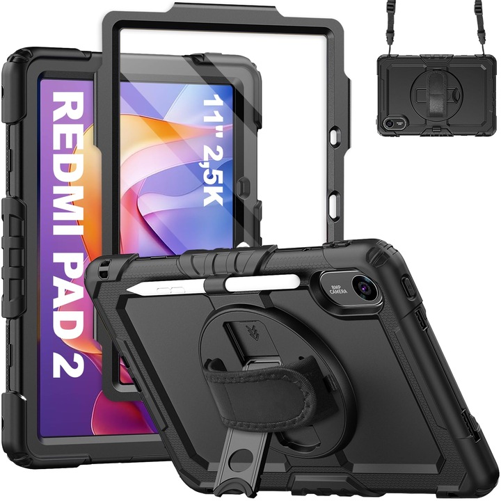 Husa Pentru Tableta Xiaomi Redmi Pad 2 11 Inch 2025 Tb330Fu/331Fc, Suport Rotativ La 360° Si Curea De Mana, Curea De Umar, Suport Pentru Stilou (Negru)