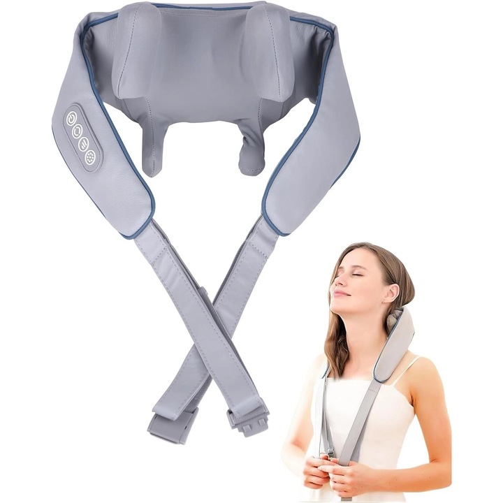 Aparat masaj cervical & umeri, hands-free, acumulator reincarcabil, functii de incalzire si vibratie, 18x15x6cm, negru