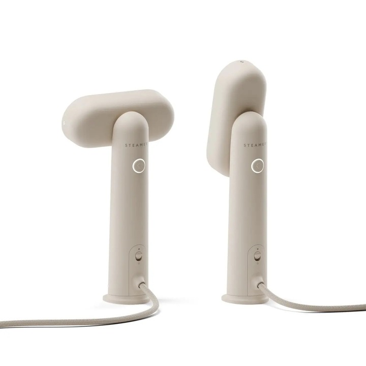 Aparat de calcat vertical cu aburi Steamery Stockholm, Cirrus Lite Travel, 70 ml, debit abur 16 g/min, 2 trepte de putere, tehnologie Dry Steam, cap rotativ, functie dedurizare apa, senzor temperatura, compact, manusa inclusa, 1200 W, crem