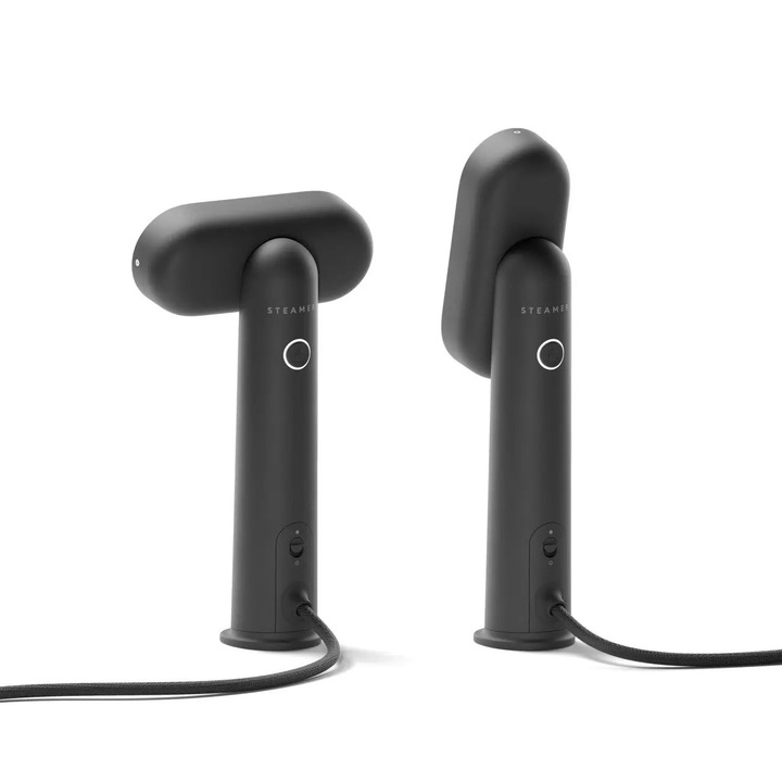 Aparat de calcat vertical cu aburi Steamery Stockholm, Cirrus Lite Travel, 70 ml, debit abur 16 g/min, 2 trepte de putere, tehnologie Dry Steam, cap rotativ, functie dedurizare apa, senzor temperatura, compact, manusa inclusa, 1200 W, antracit