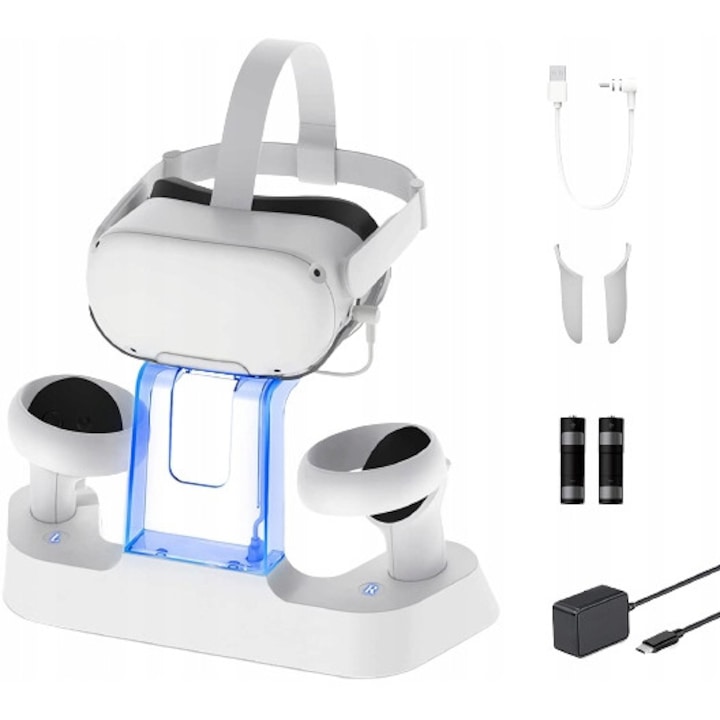 Statie de Incarcare LED pentru Oculus Quest 2 VR – Dock Magnetic cu Baterii Reincarcabile, Suport Afisare si Indicatori Luminosi, Culoare Alba
