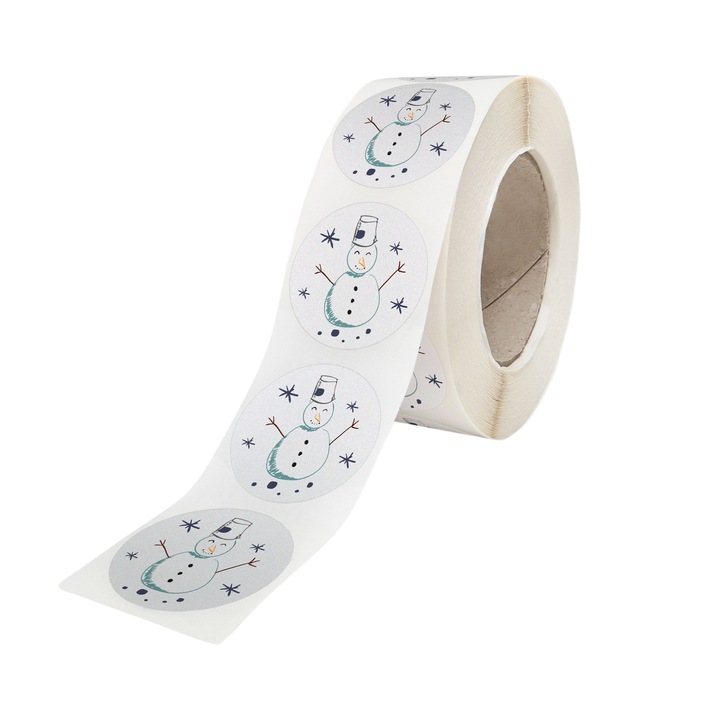Rola 100 Stickere/Etichete autoadezive cu Model Craciun Snowy Friends, Diametru 5cm