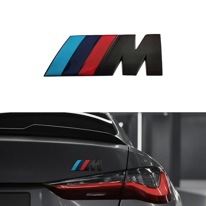 Emblema auto compatibila cu BMW, „M” 3D, negru strălucitor, 7 x 2.7 cm, autocolant ABS pentru portbagaj, grilă sau aripă, upgrade vizual sportiv