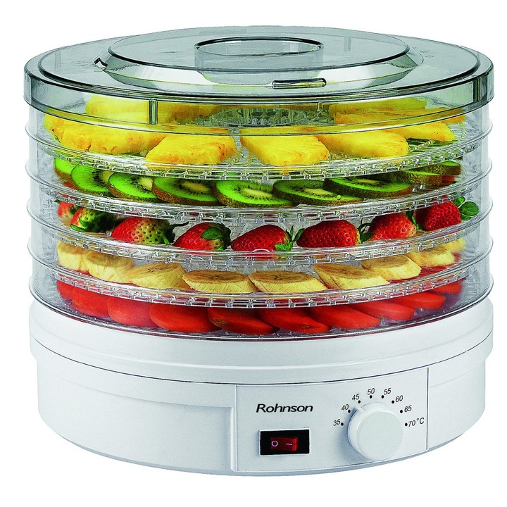 Deshidrator de alimente Rohnson R291, 245W, 5 tavi, tava 2.5cm x ø32cm, 35-70 °C, ventilator, protectie supraincalzire .46dB