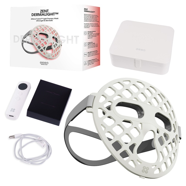 Masca de fata LED ZENT® DermaLight™ – Fototerapie profesionala 4 in 1 pentru intinerire, regenerare celulara, reducerea ridurilor fine, acnee, pete pigmentare, lifting si revitalizarea pielii cu 4 tipuri de lumina LED