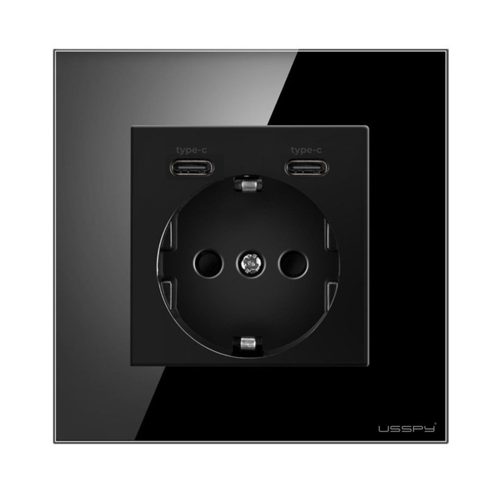 Priza cu rama din sticla securizata cu 2 USB C+C, 5V 2.1A, USSPY®, protectie copii, schuko 16A, negru