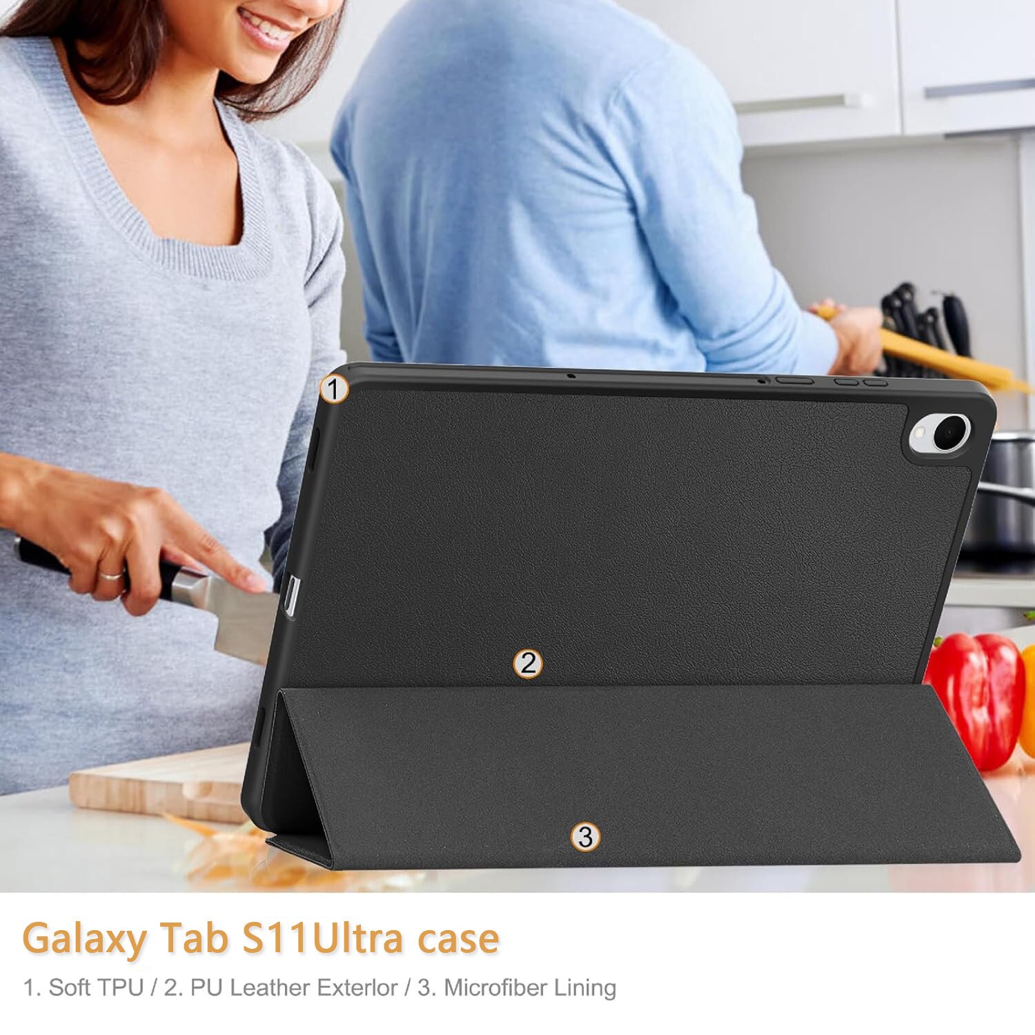 Husa tableta flip, neagra, pentru Samsung Galaxy Tab S11ultra 14.6', din piele PU, rezistenta la zgarieturi, cu functie de somn activare automata