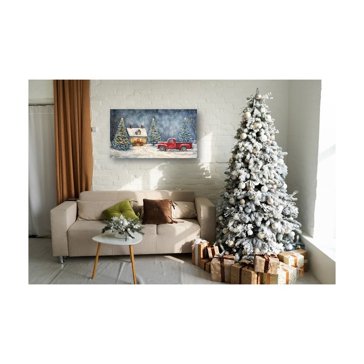 Tablou Canvas Magia Craciunului, Peisaj de Iarna cu Camioneta rosie, Canvas pe Sasiu de Lemn, Lac Selectiv pe Detalii, Tablou 70x100cm