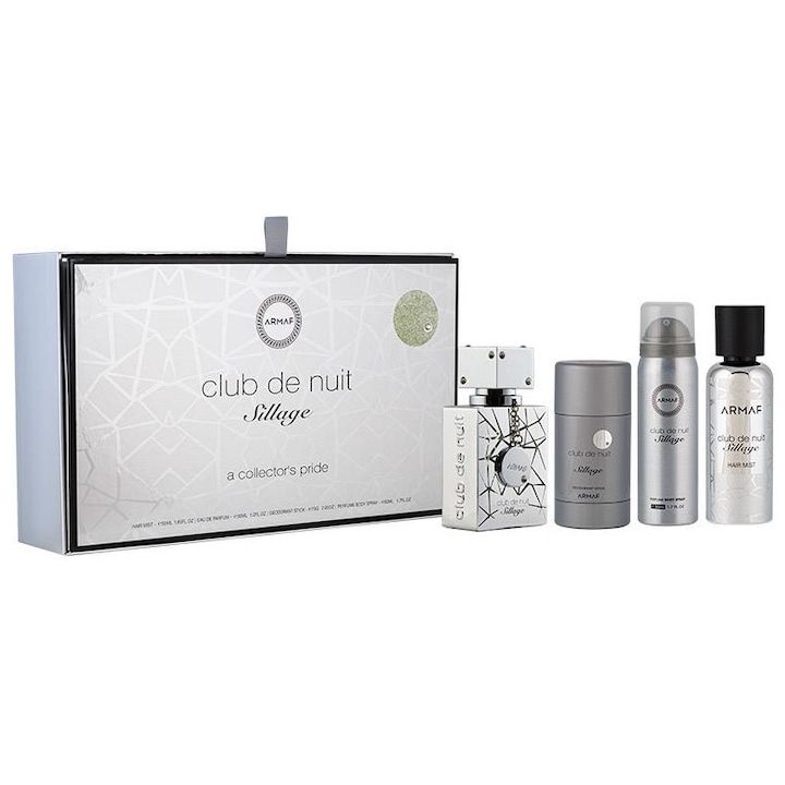 Armaf Club De Nuit Sillage Gift Set – Set Cadou pentru Barbati (Apa de parfum 30 ml + Spray de corp 50 ml + Spray de par 55 ml + Deodorant 75 g)
