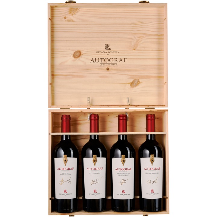 Pachet 4 x 0.75l Vinuri Gitana Autograf, Cutie lemn