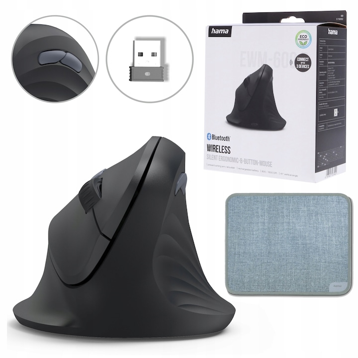 Set Mouse Ergonomic Hama EWM-600R, Reincarcabil, Bluetooth, 8 butoane, suprafata anti-alunecare