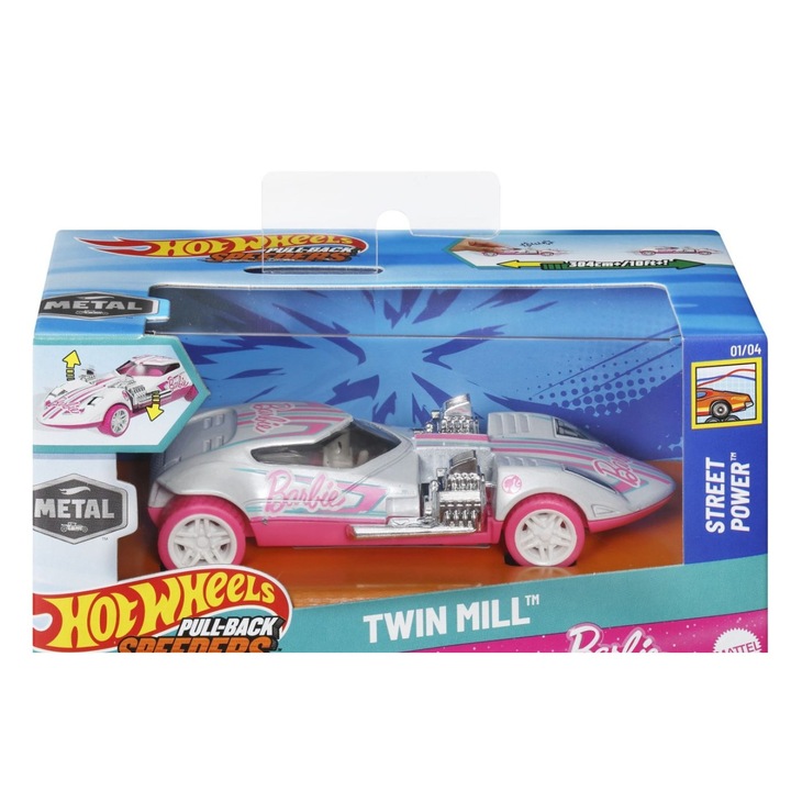 Hot Wheels Masinuta Metalica Cu Sistem Pull Back Barbie Twin Mill Street Power Scara 1:43