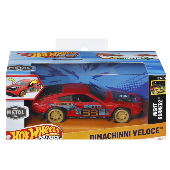 Hot Wheels Fém Kisautó Visszahúzós Rendszerrel Dimachinni Veloce Night Burnerz 1:43 méretarányben