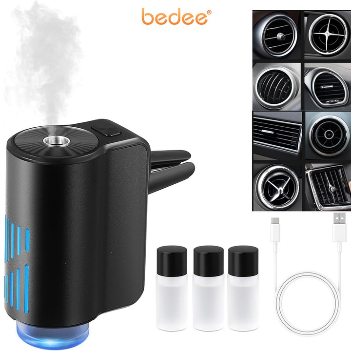 Odorizant Auto Smart Parfumant, Bedee,3 Moduri Interval de Functionare, 3 Rezerve Parfum, Acumulator, Functionare silentioasa, sistem inteligent de detectare, parfum surround la 360°, 30 ml, Negru