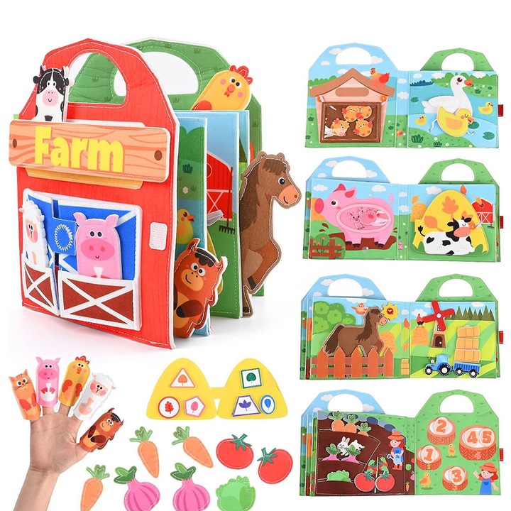 Hahaland, Монтесори сензорна книжка за активности, филц, 3D ферма, развитие на фини двигателни умения, 1 година+, многоцветна