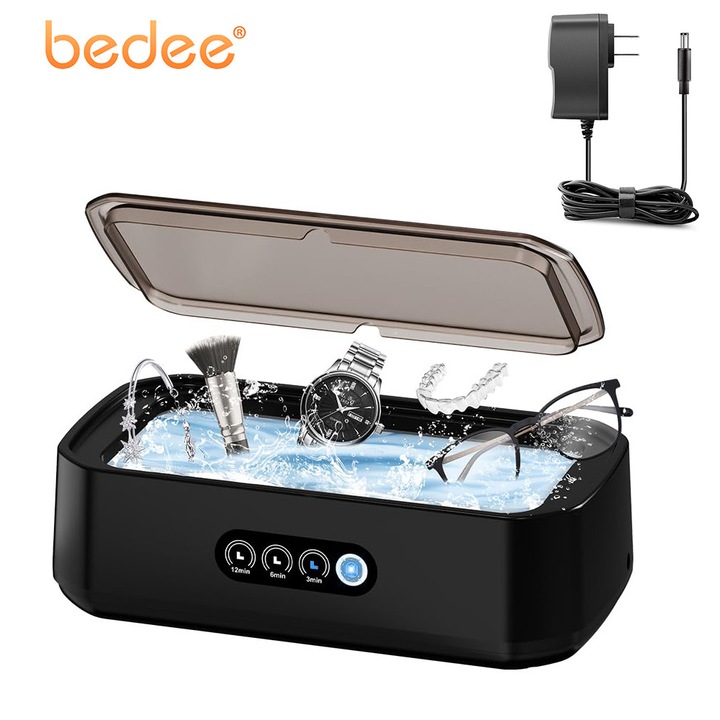Sterilizator Ultrasonic Profesional 48kHz, Bedee, Sterilizare si Dezinfectare, Capacitate 650 ML, Inox, 3 niveluri de intensitate reglabile, operare cu un singur clic, Potrivit pentru curatarea ochelarilor, bijuteriilor si protezelor dentare, Negru