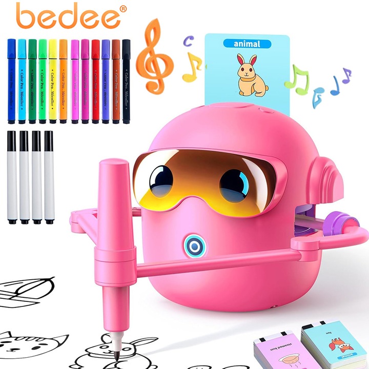 Образователен интерактивен робот за рисуване, Bedee, ABS, играчка Монтесори със 100 карти с думи и гласово взаимодействие, интегрирана музика, развива координацията око-ръка, концентрацията и творческото мислене на децата, за деца 3+, розов