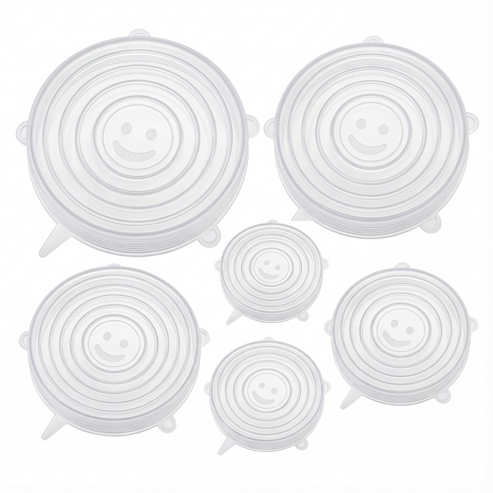 Set 6 Capace din Silicon Universal pentru Protectia Alimentelor, Reutilizabile, Extensibile si Etanse, Silicon de Calitate Alimentara, Diverse Dimensiuni, Alb